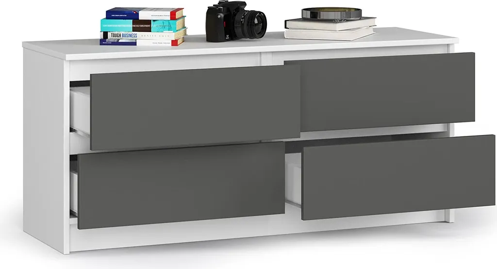 Chiffonnier 4 Tiroirs Blanc et Gris, Armoire de Chambre Gain de Place