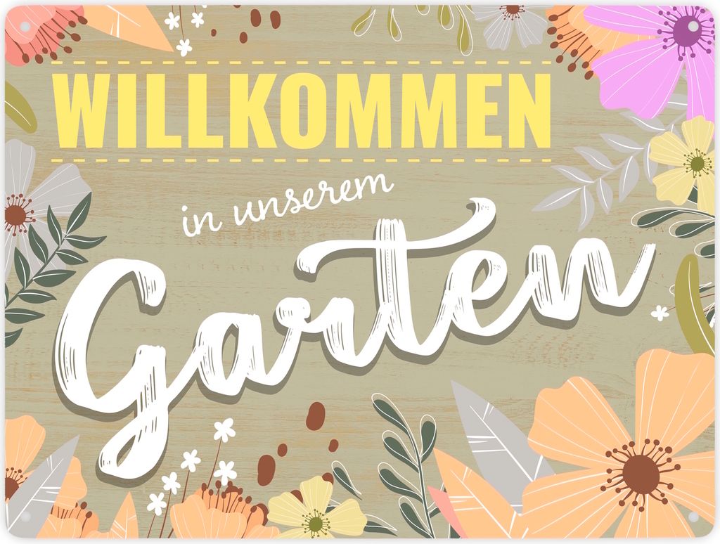 Willkommen in unserem Garten Metallschild XXL mit Blumen, Schrift, Holzoptik