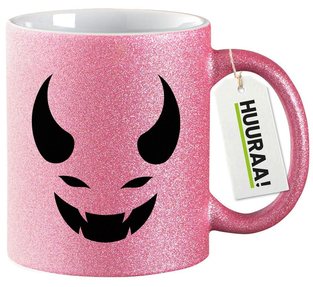Huuraa Glitzertasse Teufel Devil 330ml Pink Keramik Kaffeebecher Geschenkidee