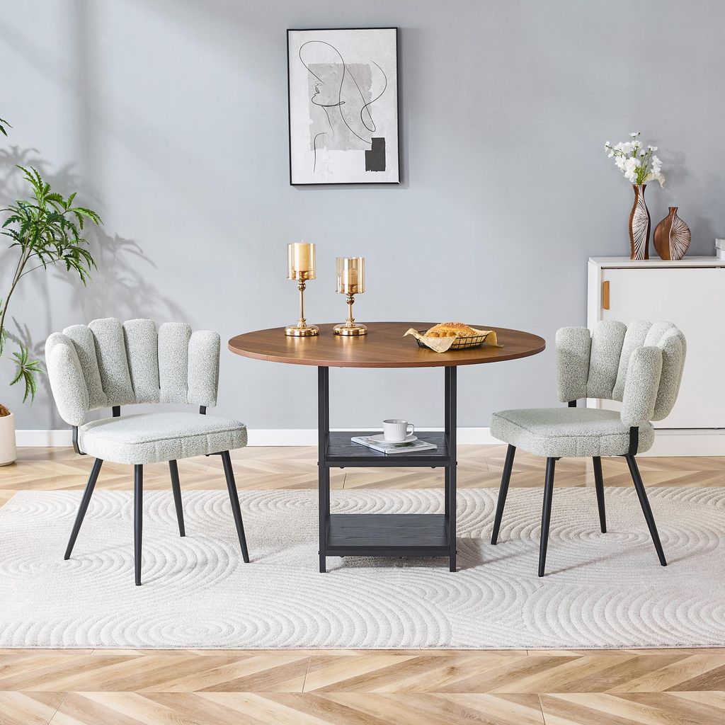 Tisch-Stuhl-Set, 107 cm runder Esstisch in Nussbaum-Optik mit doppelter Ablage + 2 hellbeige Esszimmerstühle