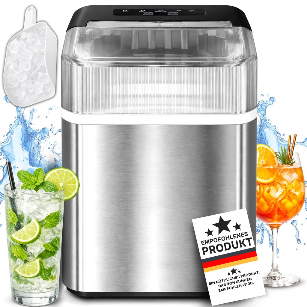 Eiswürfelmaschine 12 kg/tag, 2 Eiswürfelgrößen - 1,2L Wassertanktank, 9 Eiswürfel/6 Min, für Küche Bar Büro, Silber, Retoo