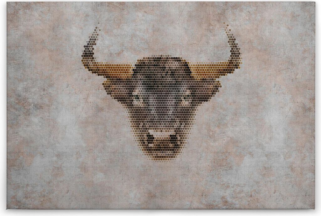Leinwandbild Wildtiere 60 x 90 cm - Wandbild Stier Grau Braun - Keilrahmen Tiere Wohnzimmerdeko Wanddeko Wandgemälde