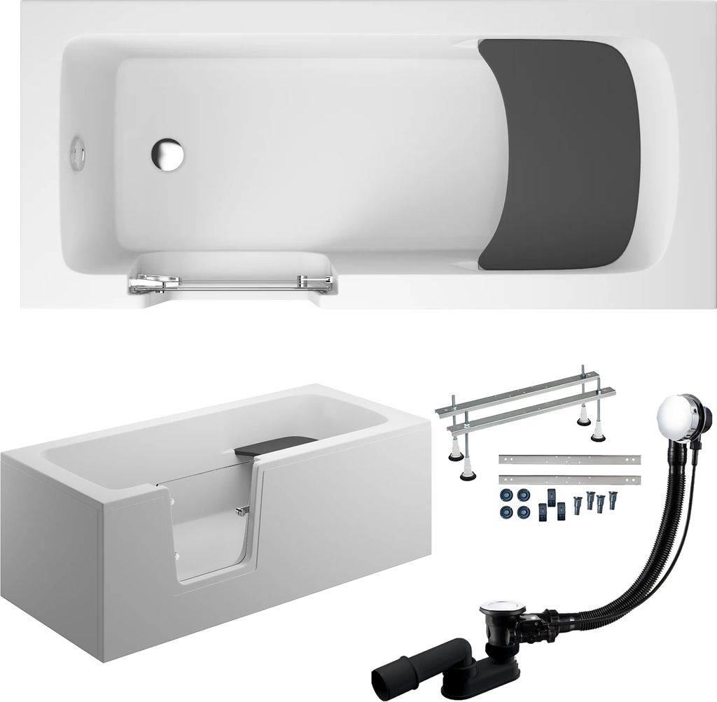 Badewanne Rechteck Set 6in1 150x75 Links mit AcrylSchürze, Seniorenbadewanne + Glastür und Holzsitz, Premium Ablaufgarnitur und Füßen | BADLAND...
