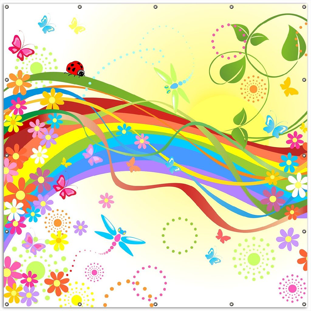 Wallario XXL Outdoor-Poster für Garten oder Balkon, Motiv Regenbogen im Sommer - Bienchen und Blümchen, in ca. 200 x 200 cm