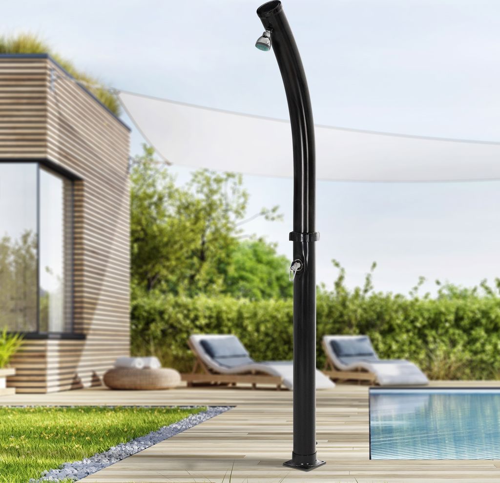 ML-Design Solardusche 20L 222cm rund mit schwenkbarer runder Duschkopf, Schwarz gebogen, warmes Wasser 60°C ohne Stromanschluss, mit Gartenschlauc...