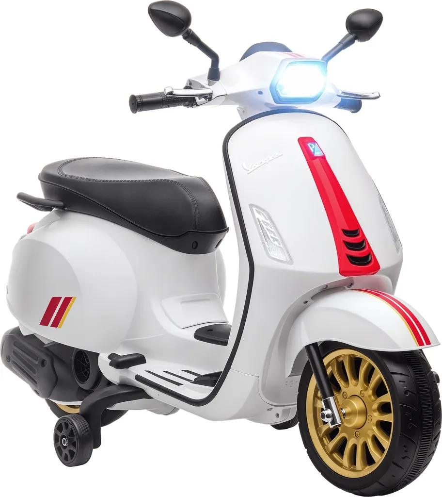 Scooter Vespa Enfant 6V Sécurisé avec Roulettes et Musique Blanc 6V