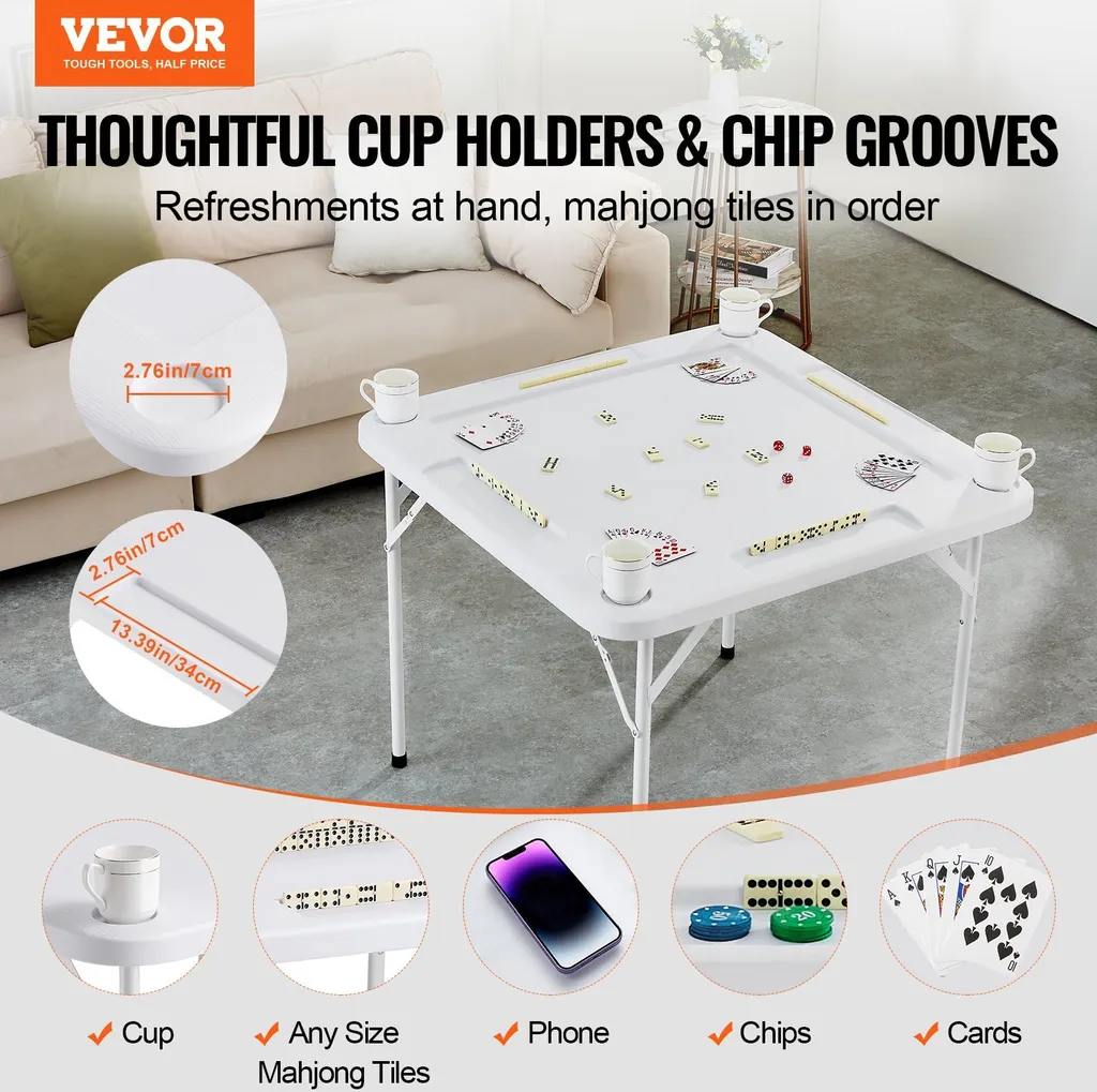 Table de cartes pliable 4 joueurs avec compartiments à jetons intégrés