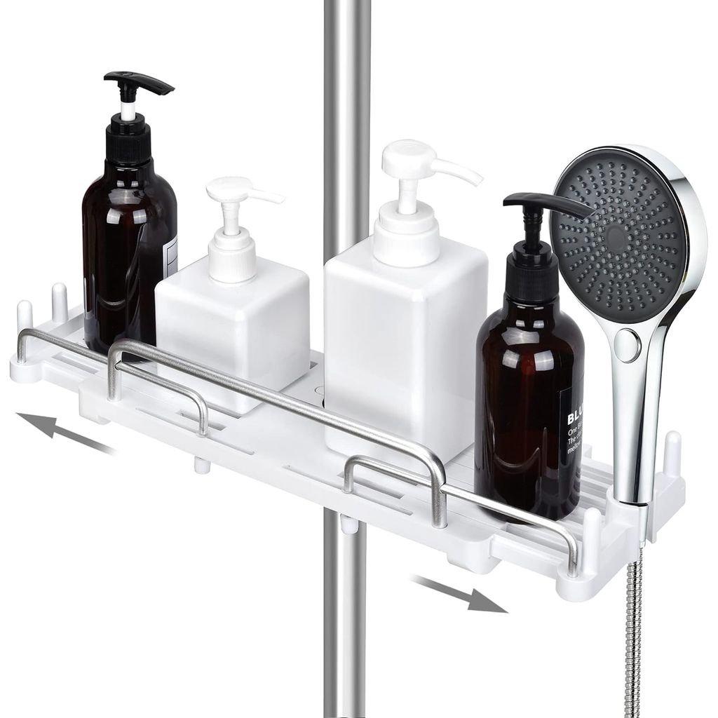 STILVORA Duschablage Verstellbares Wandregal ohne Bohren, Bad-Organizer, Küchenregal, 6 Haken, Aufbewahrung, Platzsparend, Einfach & Praktisch, Weiß