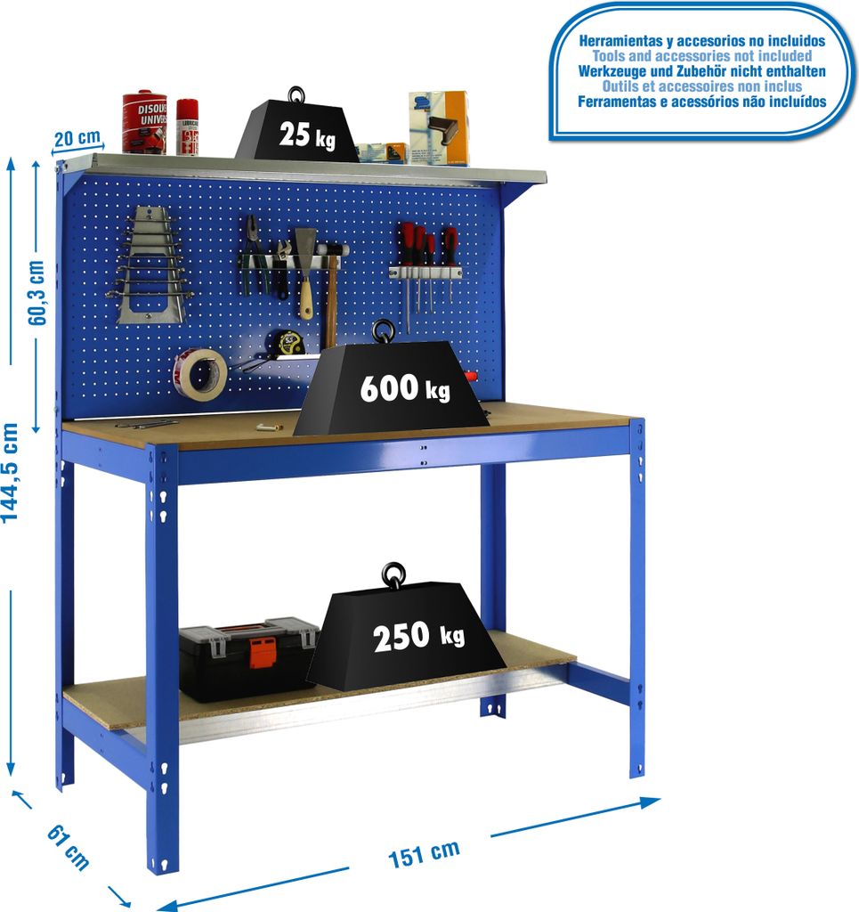 PROREGAL Werkbank BUFFALO mit Werkzeugwand und Ablage | HxBxT 84x150x61cm | Traglast 600kg | Blau