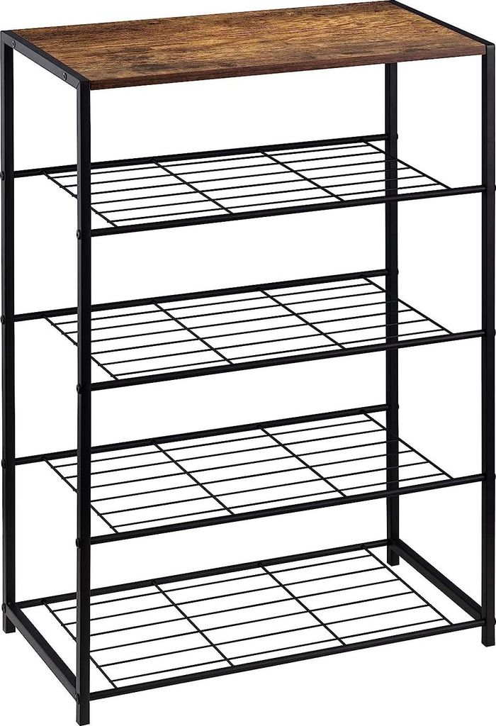 A shoe rack with a wooden top and four metal shelves.