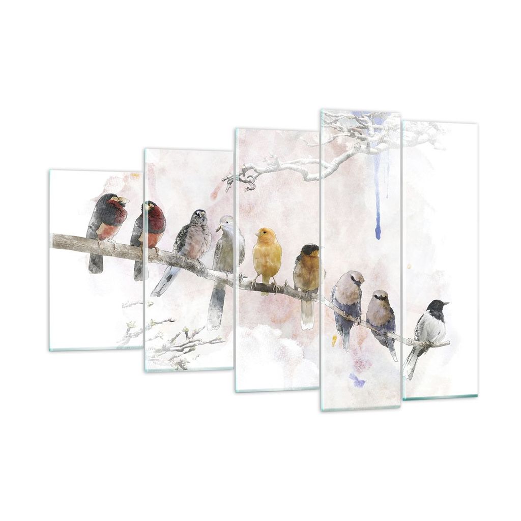 Bilder auf glas - 5 Teile - Vögel Kanarienvogel Zweig - 150x100cm - Glasbilder - Wandbilder - Bilder - Wanddekoration aus Glas - Glas Bilder - Wan...