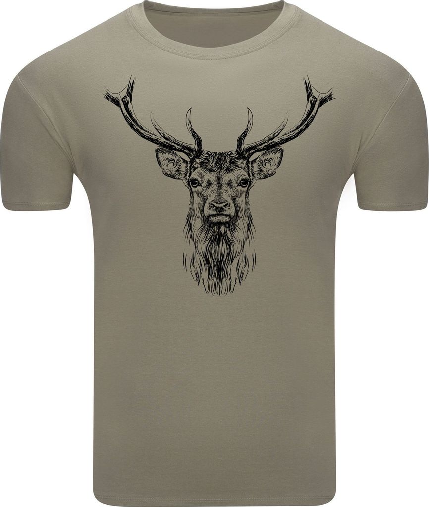 Diarbo Herren T-Shirt mit Tierliebhaber Druck Skizze eines Hirschkopfes Khaki Gr.XXL