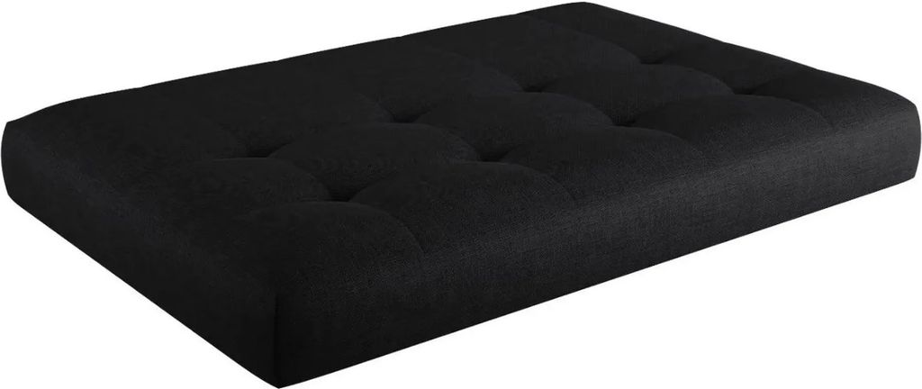 A black tufted cushion or mattress is shown from a slightly elevated side angle on a white background.