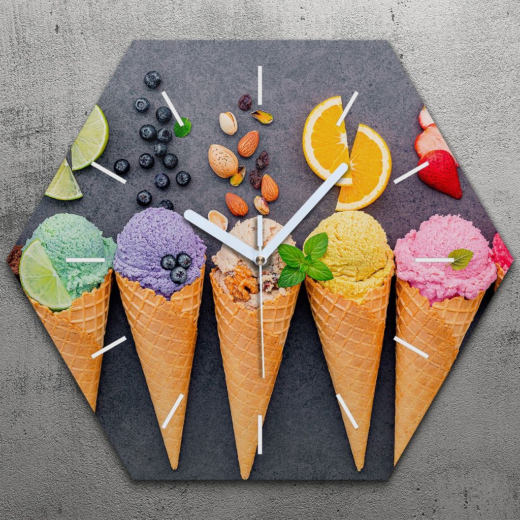 Uhr hexagonal 40 cm Glas Geräuschlos weiße Zeiger - Eiscreme Vanille und Kaffee