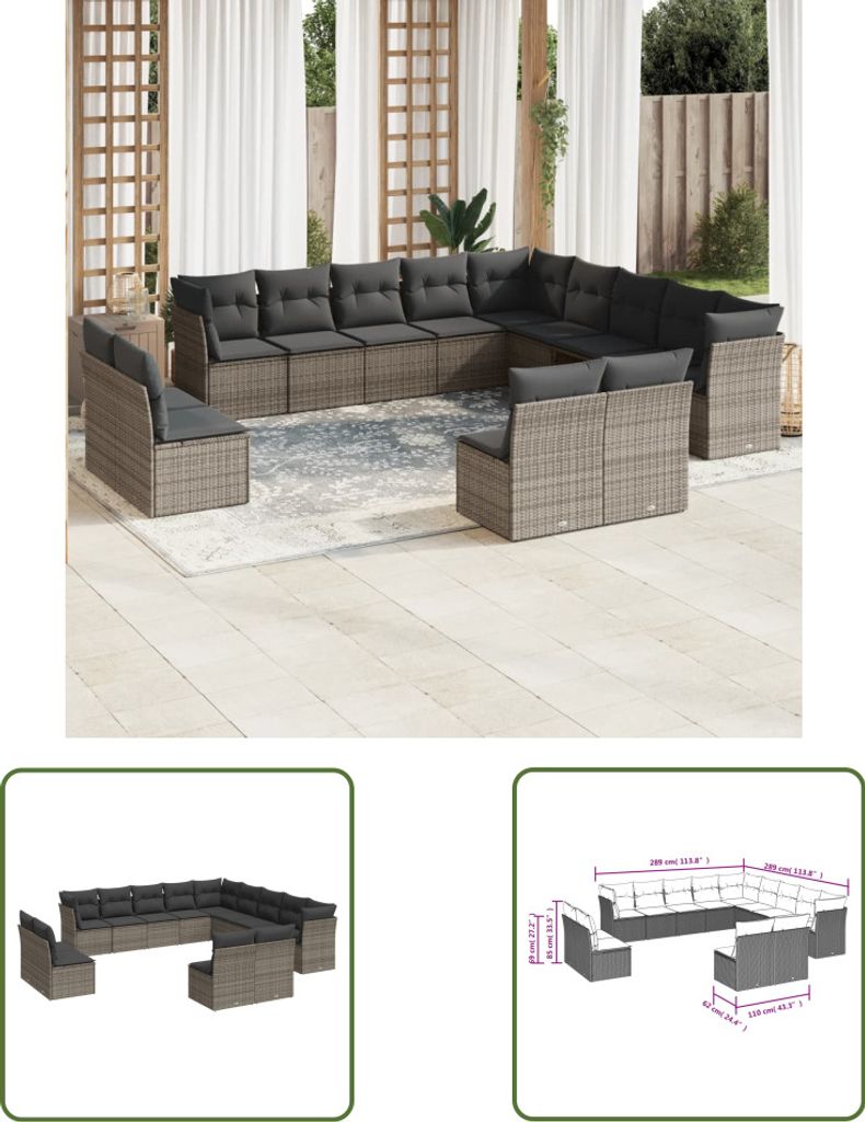 The Living Store 13-tlg. Garten-Sofagarnitur mit Kissen Grau Poly Rattan