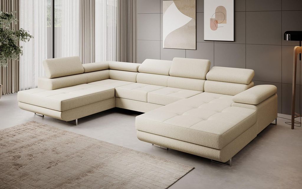 Sofa FERRO, moderne Couch mit verstellbaren Kopfstützen, ausziehbare Polstercouch, Sofa mit Schlaffunktion, zwei Bettkästen, U- Form - Vogue 01