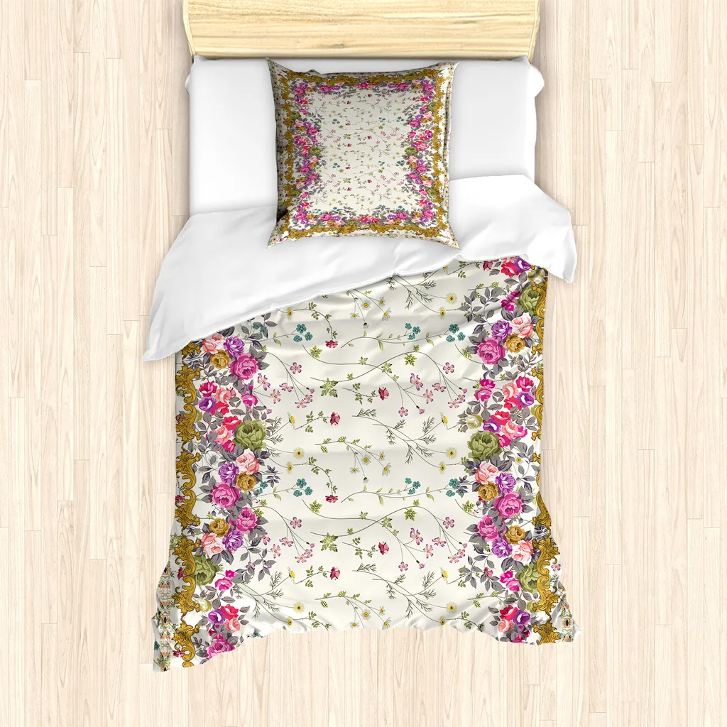 ABAKUHAUS Set copripiumino orientale per letti singoli, amore primaverile rose colorate, antiacaro, adatto a chi soffre di allergie, con federa, 135 cm x 200 cm - 80 x 80 cm, color crema e multicolore