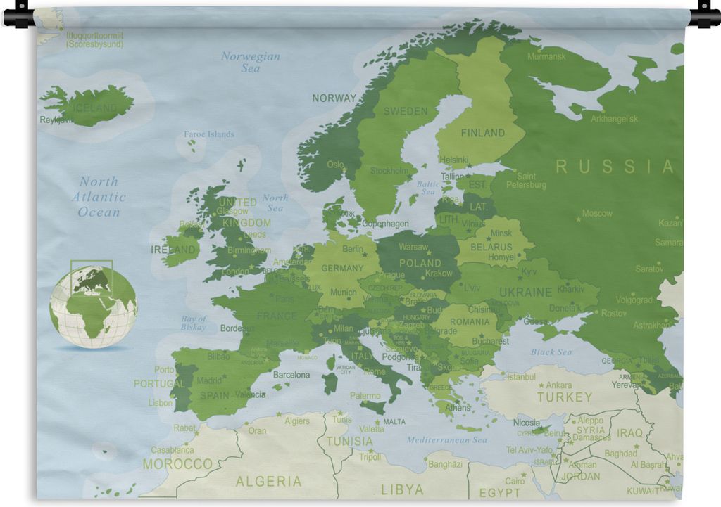 MuchoWow Wandteppich Wandbehang Karte - Europa - Grün 120x90 cm Tapisserie Dekoration Wandtuch - Wohnen - Aufhänger für die Wand