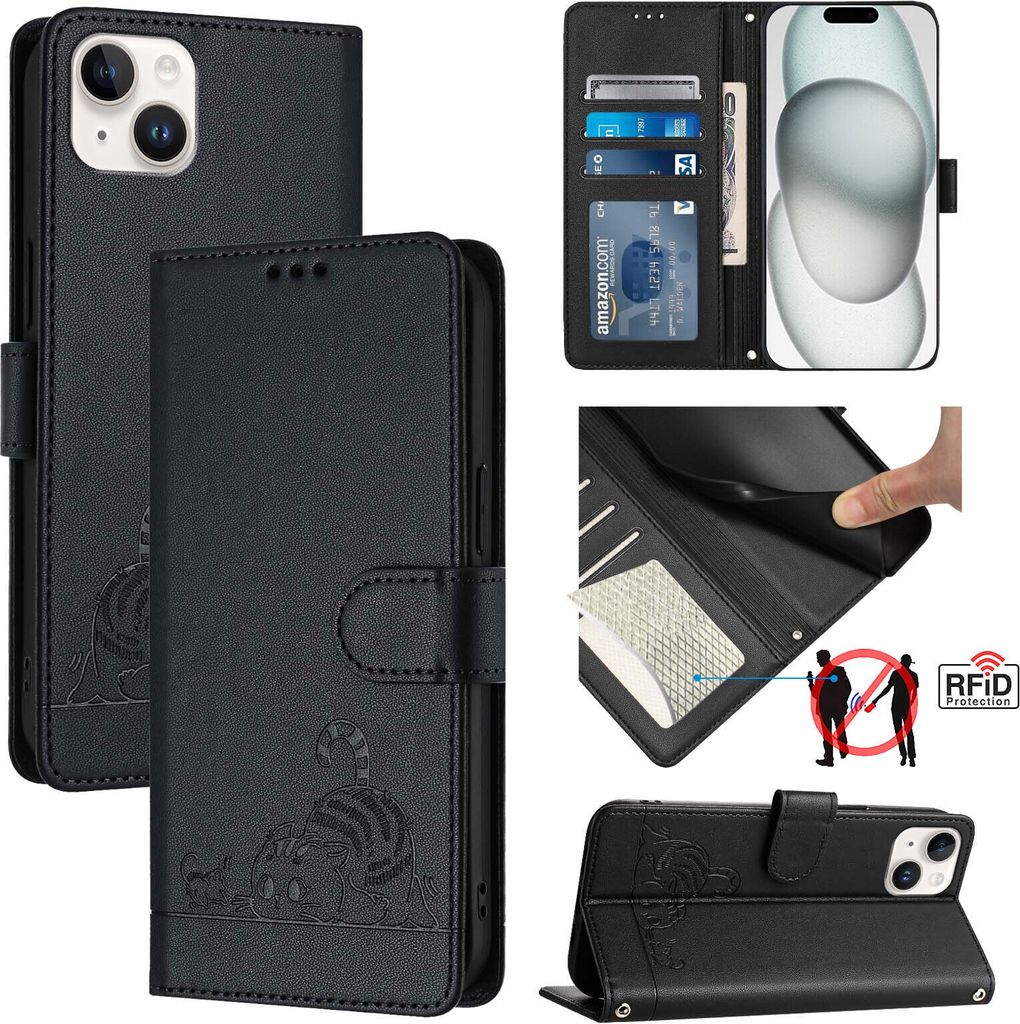 Leder Hülle für iPhone 15 Plus Süße Katze Flip Case Brieftasche Schutzhülle mit Standfunktion Schwarz