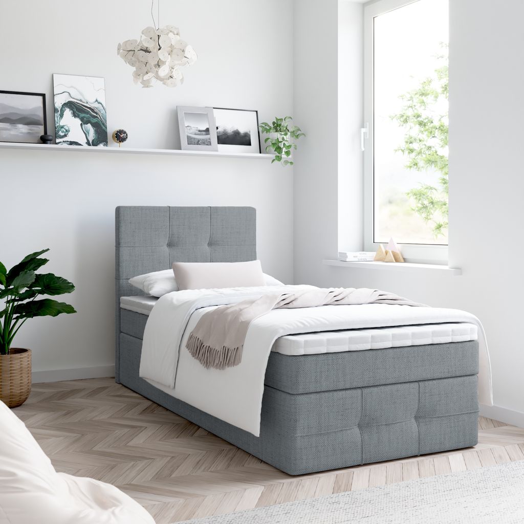 Bett, Boxspringbett MERA PREMIUM MINI 80x200cm + Topper T25 mit Bettkästen, Einzelbett, Stauraum, Polsterbett, Bettgestell (Dunkelgrau - AURA 24)
