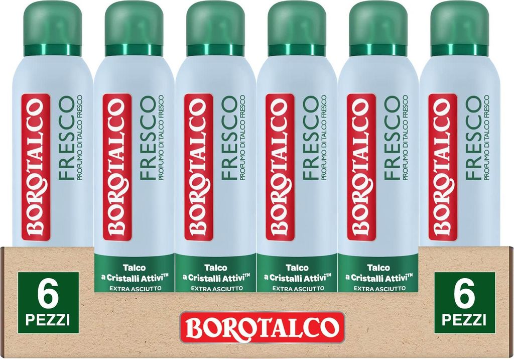 6 x Borotalco Deo Spray 48h Frischer Duft von Talkum mit aktiven Kristallen extra trocken - 6 Flaschen à 150 ml