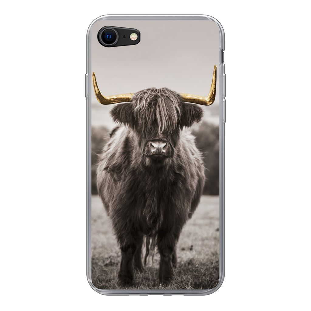 MuchoWow Handyhülle Schutzhülle Hülle für iPhone SE 2022 Schottischer Highlander - Gold - Hörner Silikon Softcase Handy Hülle - Schutzhülle