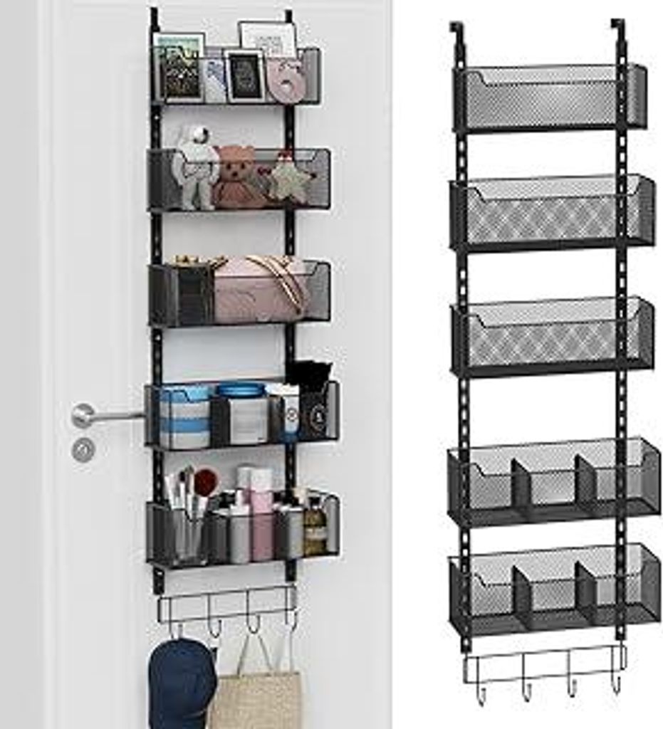 Über-der-Tür-Organizer, 5-stufig, 4 verstellbare Körbe und 8 Haken, freistehender Hänge-Organizer für die Tür, Aufbewahrung an der Türrücks...