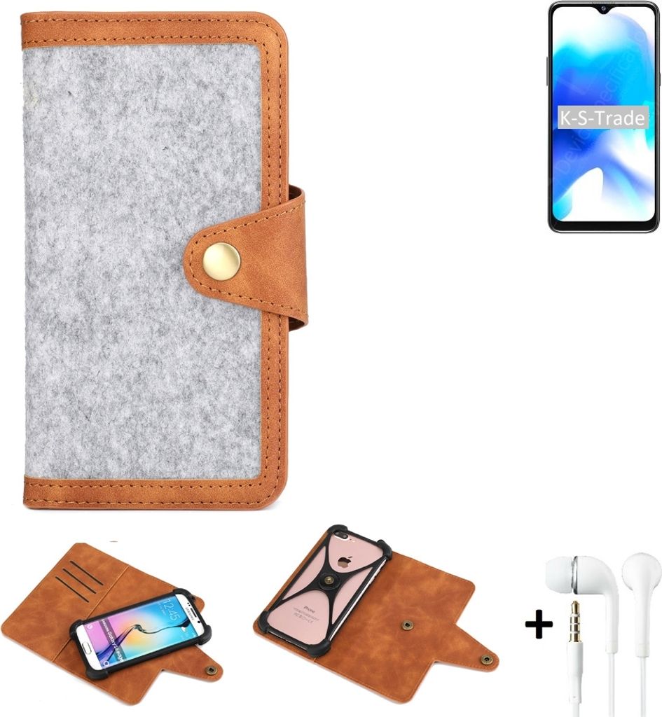K-S-Trade Handyhülle + Kopfhörer kompatibel mit Blackview A80s Schutzhülle Filz Hülle Kunstleder hellgrau braun (1x)