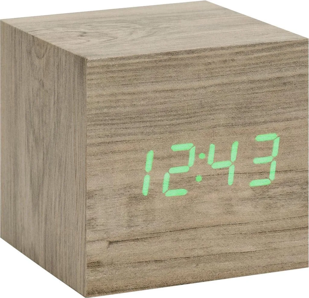 Gingko Cube Click Clock Réveil Aspect Bois de Frêne avec LED Verte 7,5cm