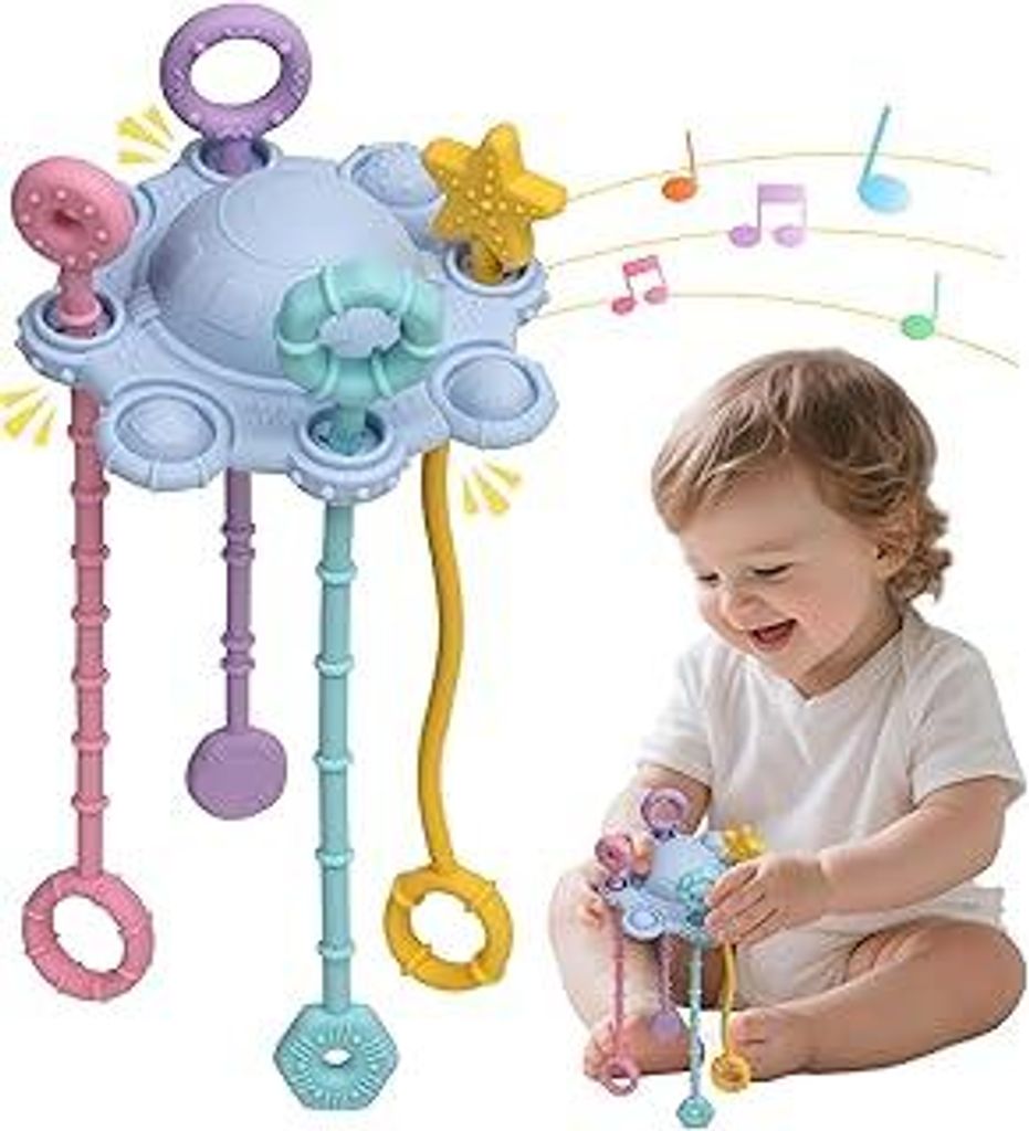 Montessori Spielzeug Baby - UFO Spielzeug Baby mit Ziehfunktion zur Sensorik-Förderung, mit integrierter Rassel und weichem Druckknopf, sicher und...