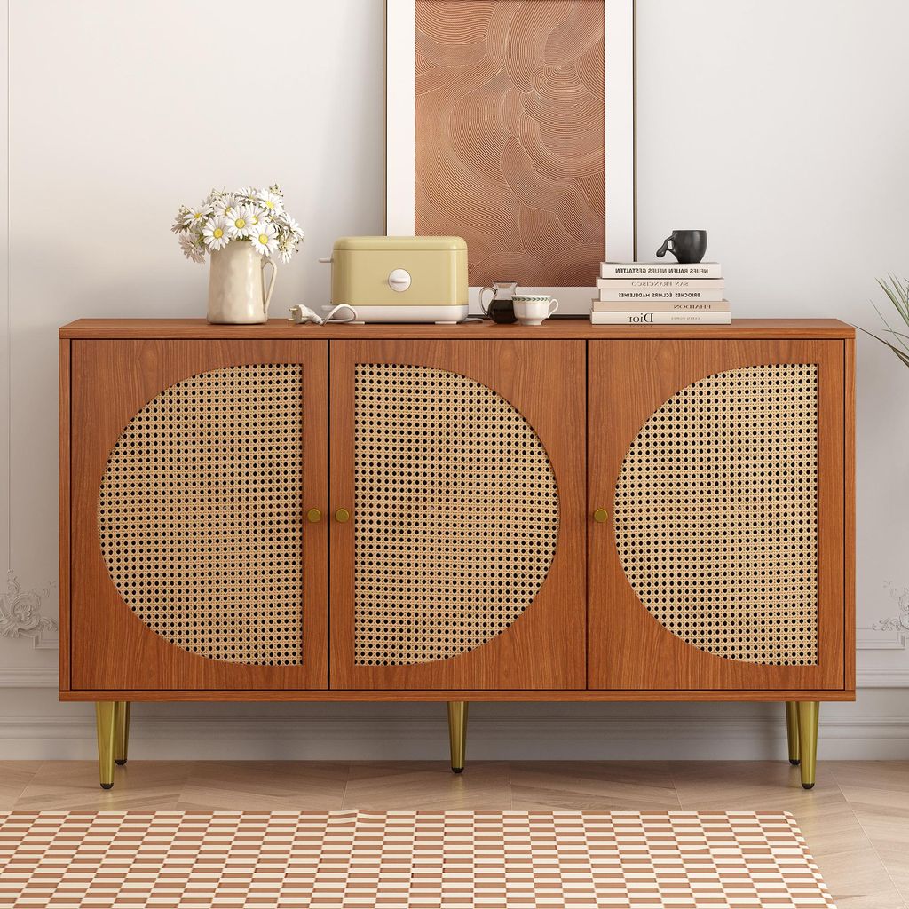 Sweiko Sideboard mit 3 Rattan verzierten Türen Kommode Highboard mit Metallgriffe, für Schlafzimmer & Wohnräume & Büro, Nussbaum 129.8x 40x 76cm