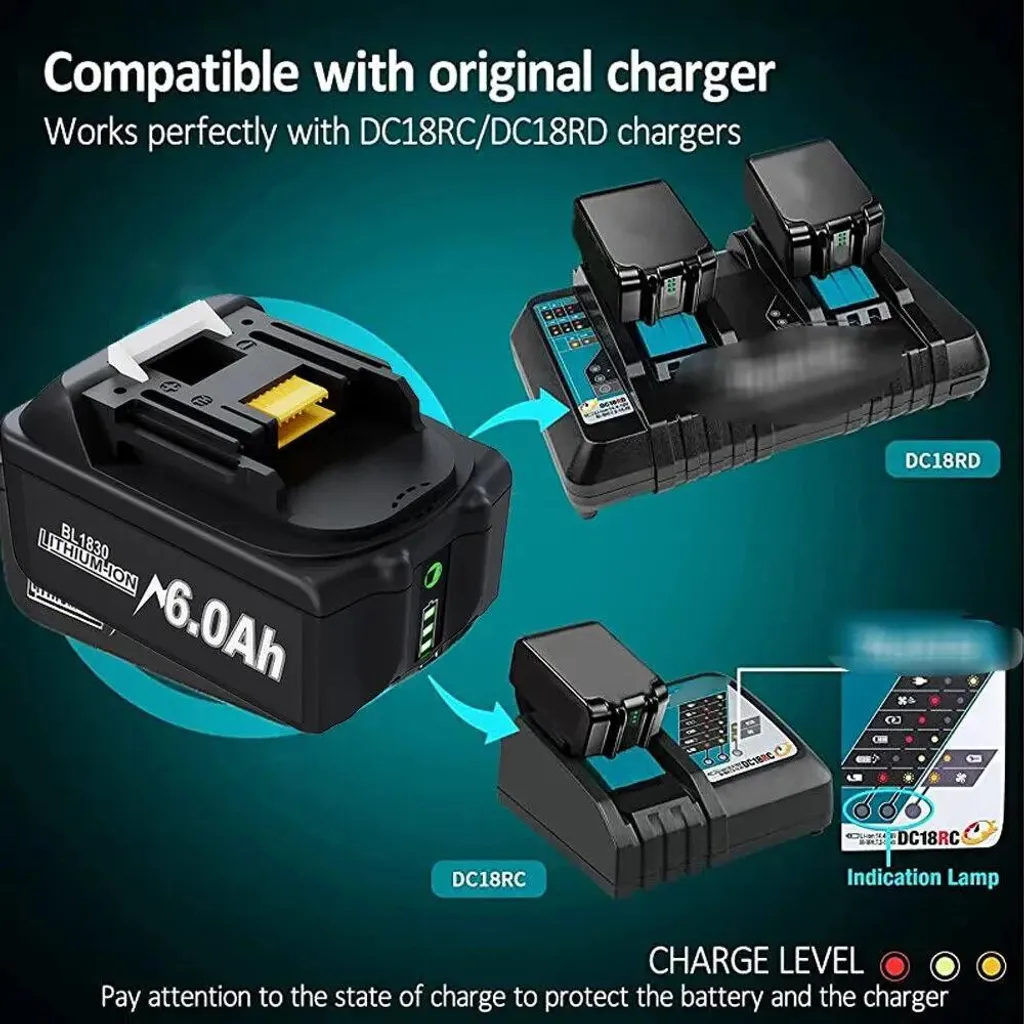 Batteria da 18 V per utensili elettrici - Batteria di ricambio agli ioni di litio - 6000 mAh (6,0 Ah) - Compatibile con BL1830/BL1860 - RoHS - Trasparente - 3