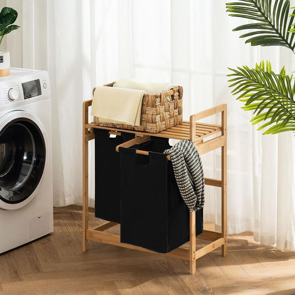 Bambus Wäschekorb Rahmen Regale Wäsche-Sammler 2 Herausnehmbare Wäschetaschen Schlafzimmer Badezimmer Waschküche - 73 x 64 x 33 cm Schwarz