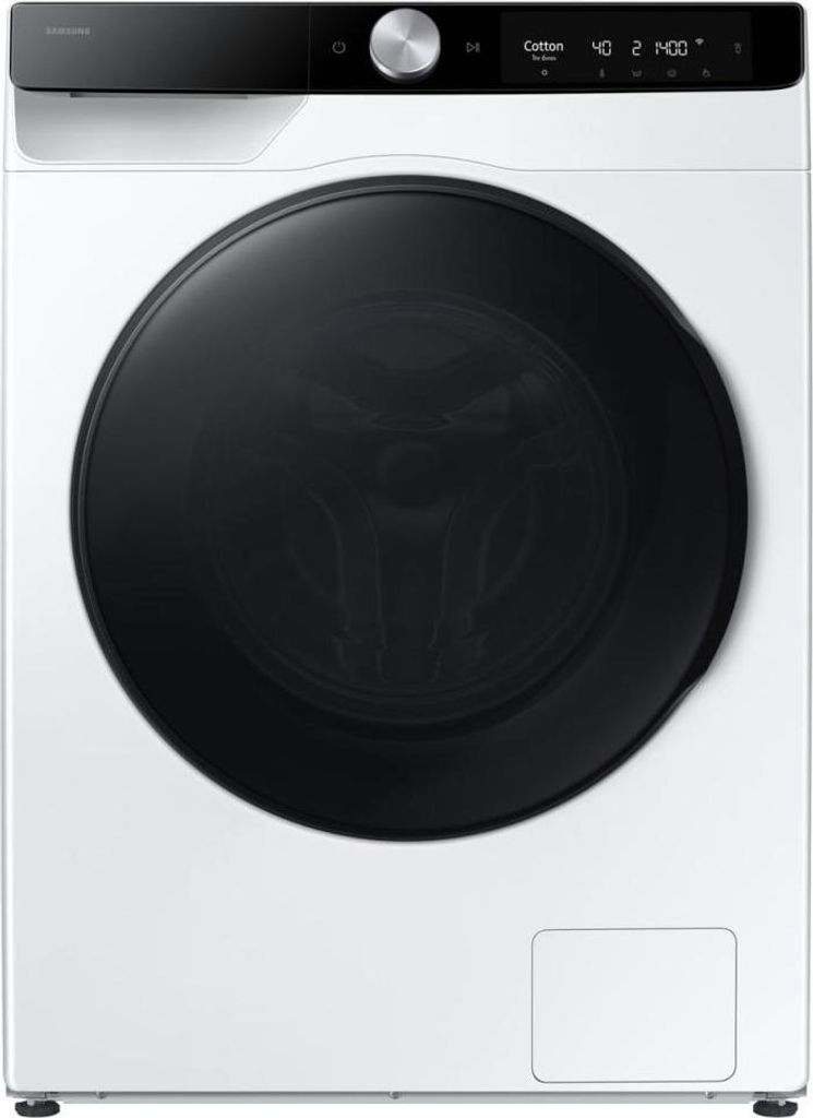 A front view of a white Samsung washing machine with a black door and control panel.