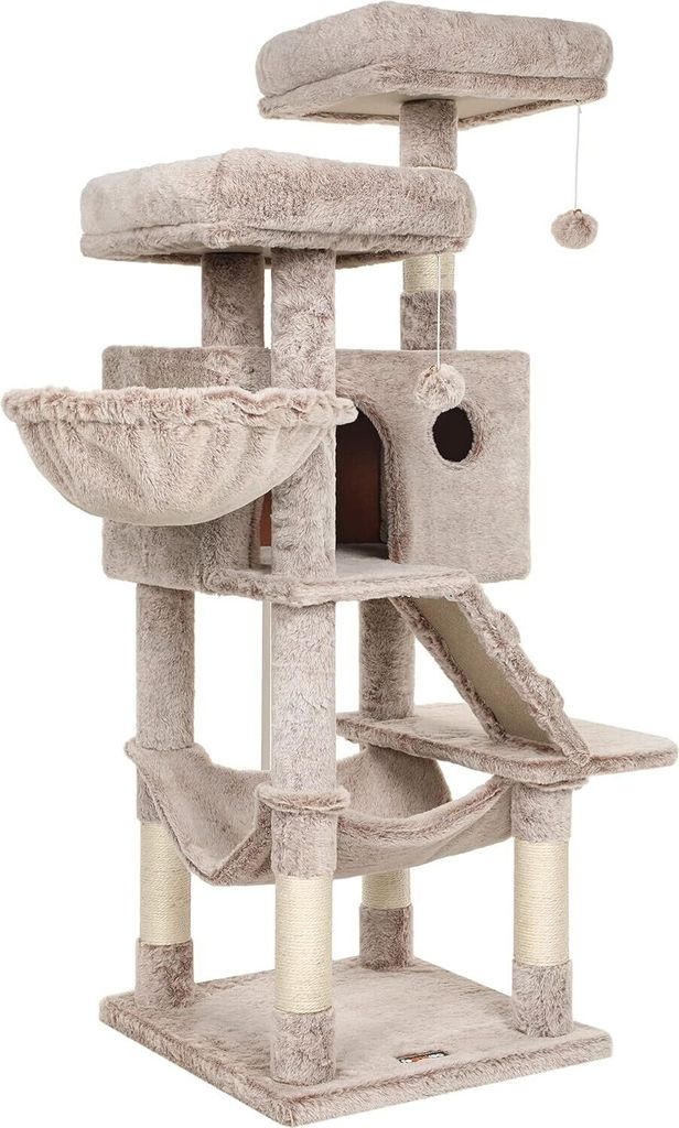A multi-level cat tree with various platforms, hammocks, and scratching posts, presented against a white background.