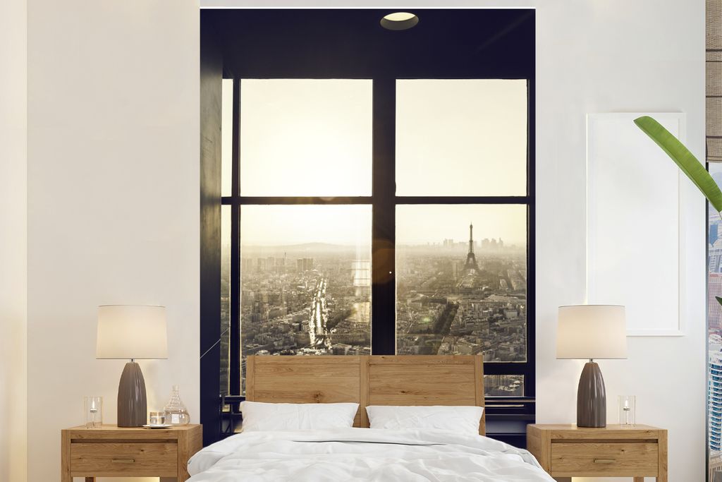 MuchoWow Fototapete für Wohnzimmer oder Schlafzimmer Wandtapete Vinyl Motivtapete Blick auf den Eiffelturm aus den Fenstern - 200x300 cm - Wandd...