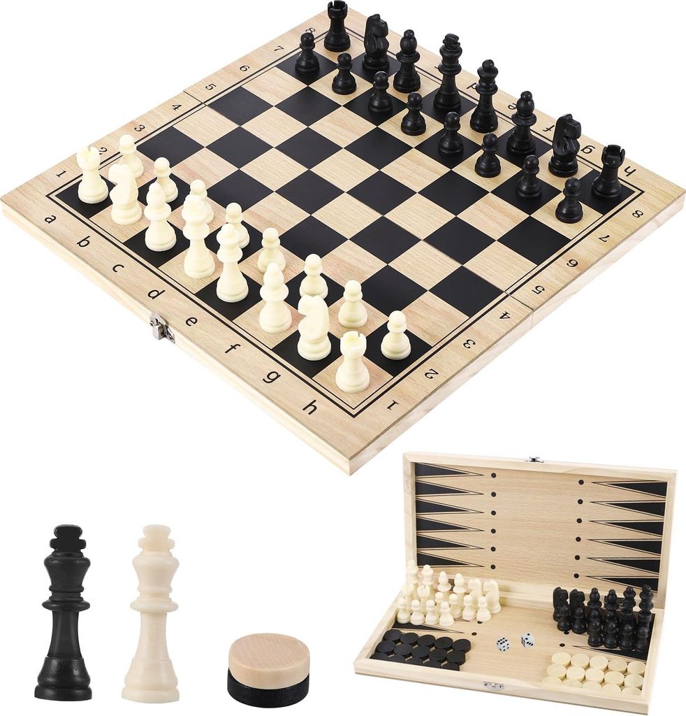 Schachspiel, 3 in 1 Schachbrett Holz Klappbare Hochwertig Schach Dame Backgammon, Tragbares Schachset für Kinder und Erwachsene Familie Party Reis...