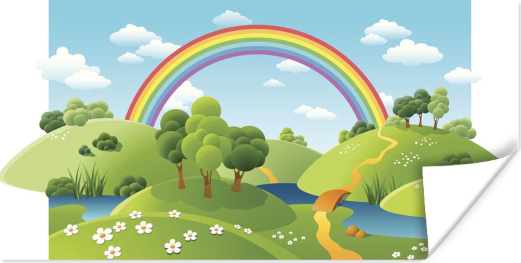 MuchoWow Poster Eine Illustration einer grünen Landschaft mit einem Regenbogen 120x60 cm - Bild