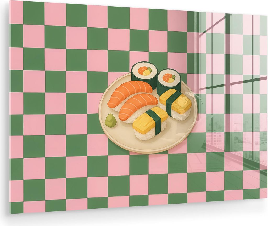 MuchoWow Glasbilder - Bilder auf Wandbild - Foto auf Glas Sushi - Teller - Blockiert - Grün 30x20 cm Wanddekoration aus Glas - Acrylglasbild - Acr...