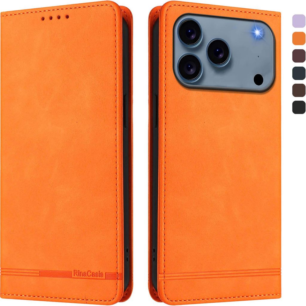 Hülle für iPhone 17 Pro Max, Retro Kunstleder Ständer Klapphülle mit Kartenfächer und Magnetische Orange