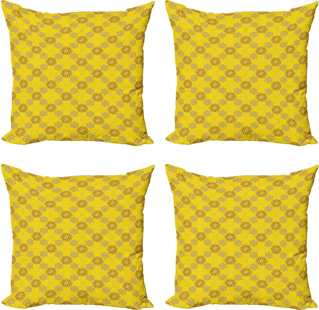 ABAKUHAUS Gelbes Damast Kissenbezug Set (4 Stück), Wirbler Blumen, Moderner Doppelseitiger Digitaldruck, 40 cm x 40 cm, Gelb Braun und Weiß