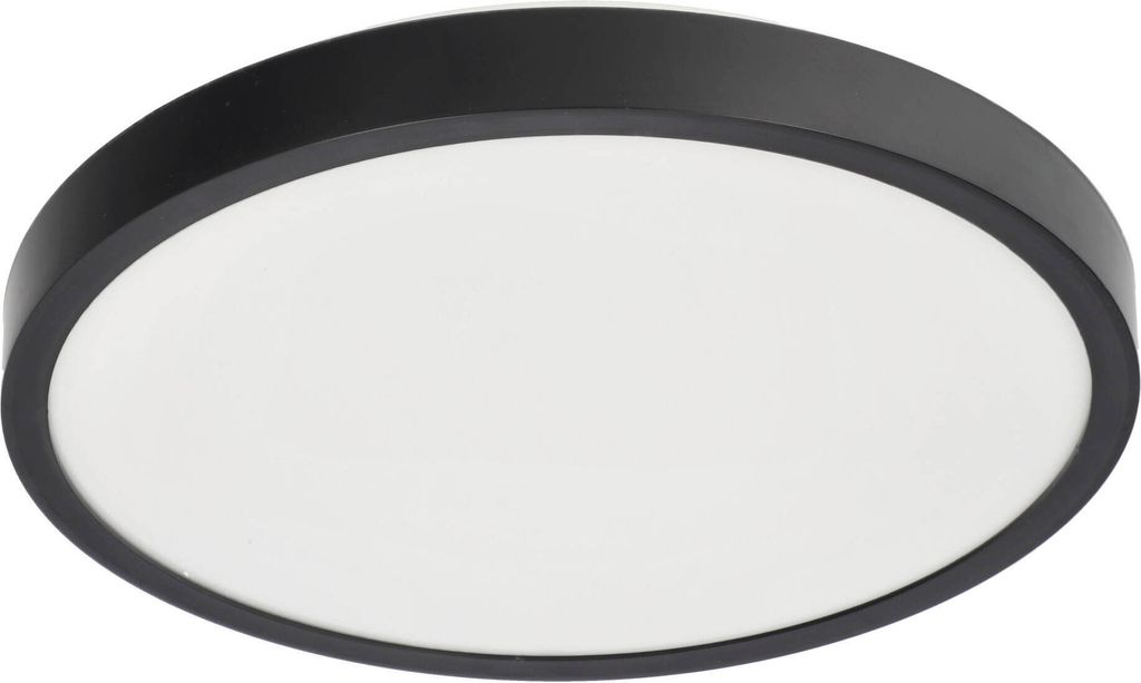 A close-up, studio shot of a black and white LED ceiling light.