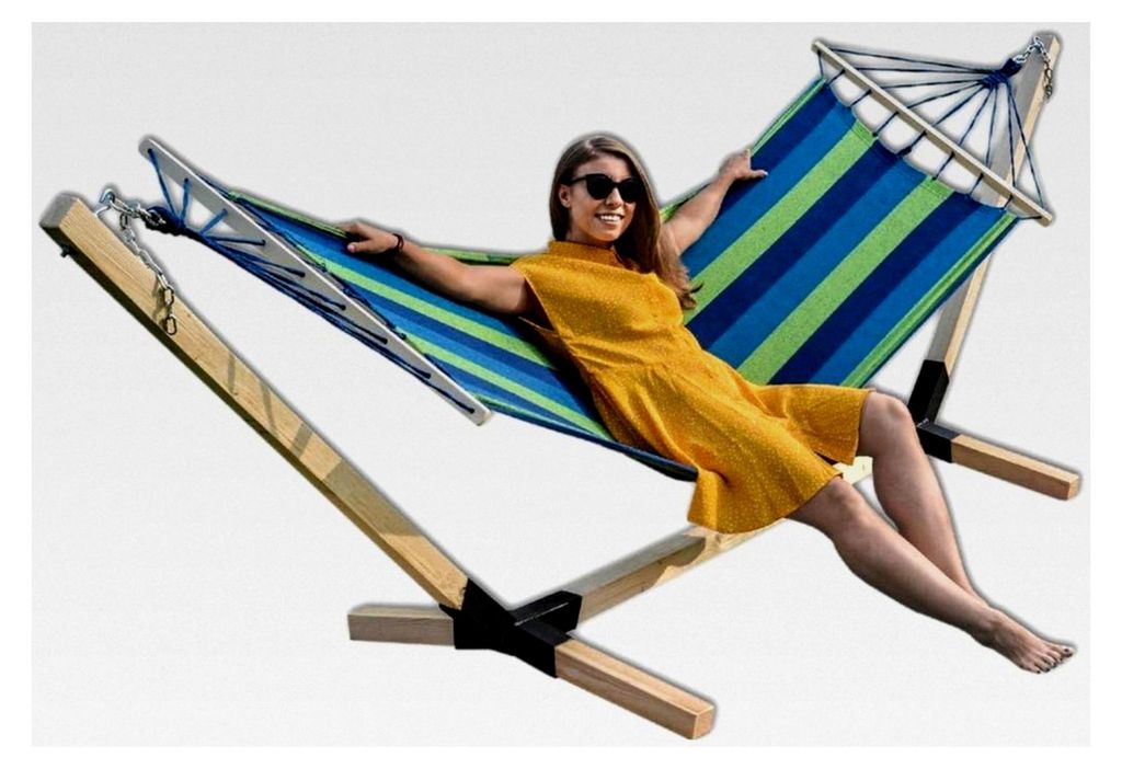 Hängematte mit Buchenholzgestell 320 cm | Bis zu 150 kg | Wetterfestes Holzgestell für Outdoor-Stabhängematte (Blau)