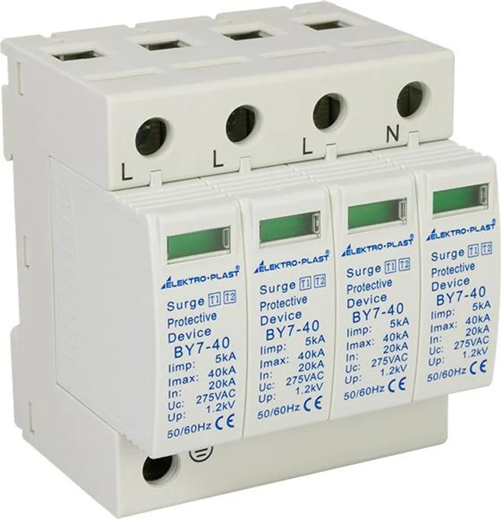Dispositif parafoudre tétrapolaire 4P Type 1+2 AC BY7-40/4-275 Rail DIN 40kA