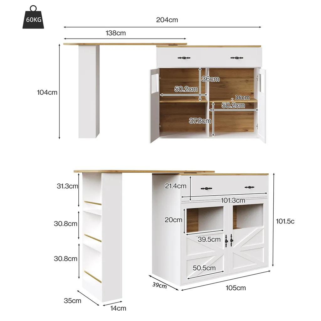 Table de Bar Pivotante 360° Extensible en MDF Blanc avec Rangement - 4