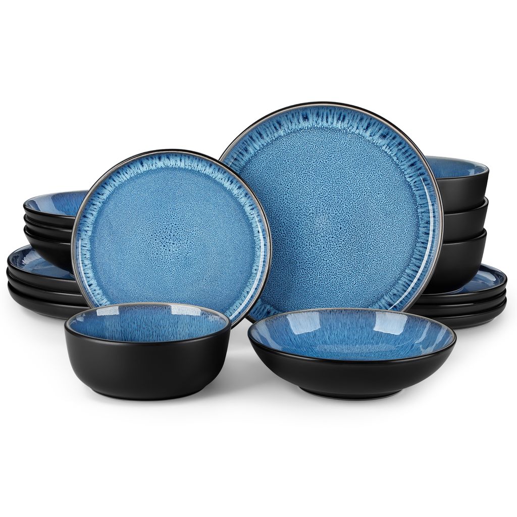 A set of blue and black ceramic dishes is displayed against a white background.