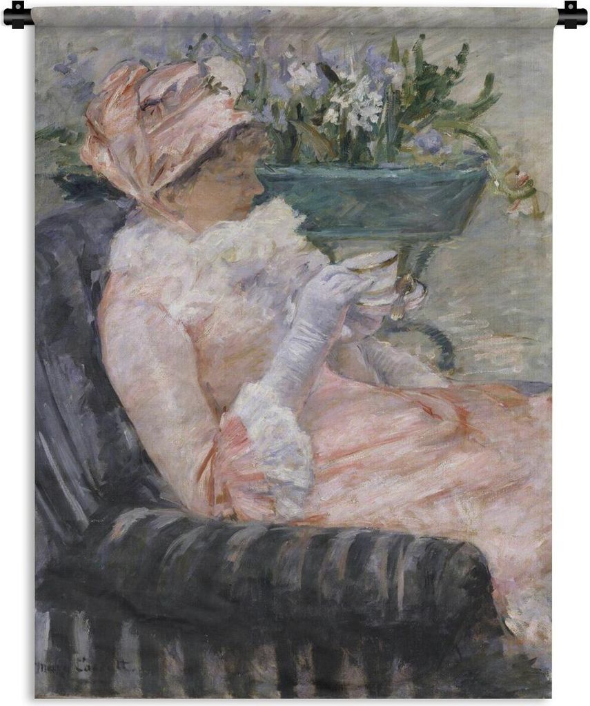 MuchoWow Wandteppich Wandbehang Die Teetasse - Gemälde von Mary Cassatt 60x80 cm Tapisserie Dekoration Wandtuch - Decke - Wandtücher - Wohne