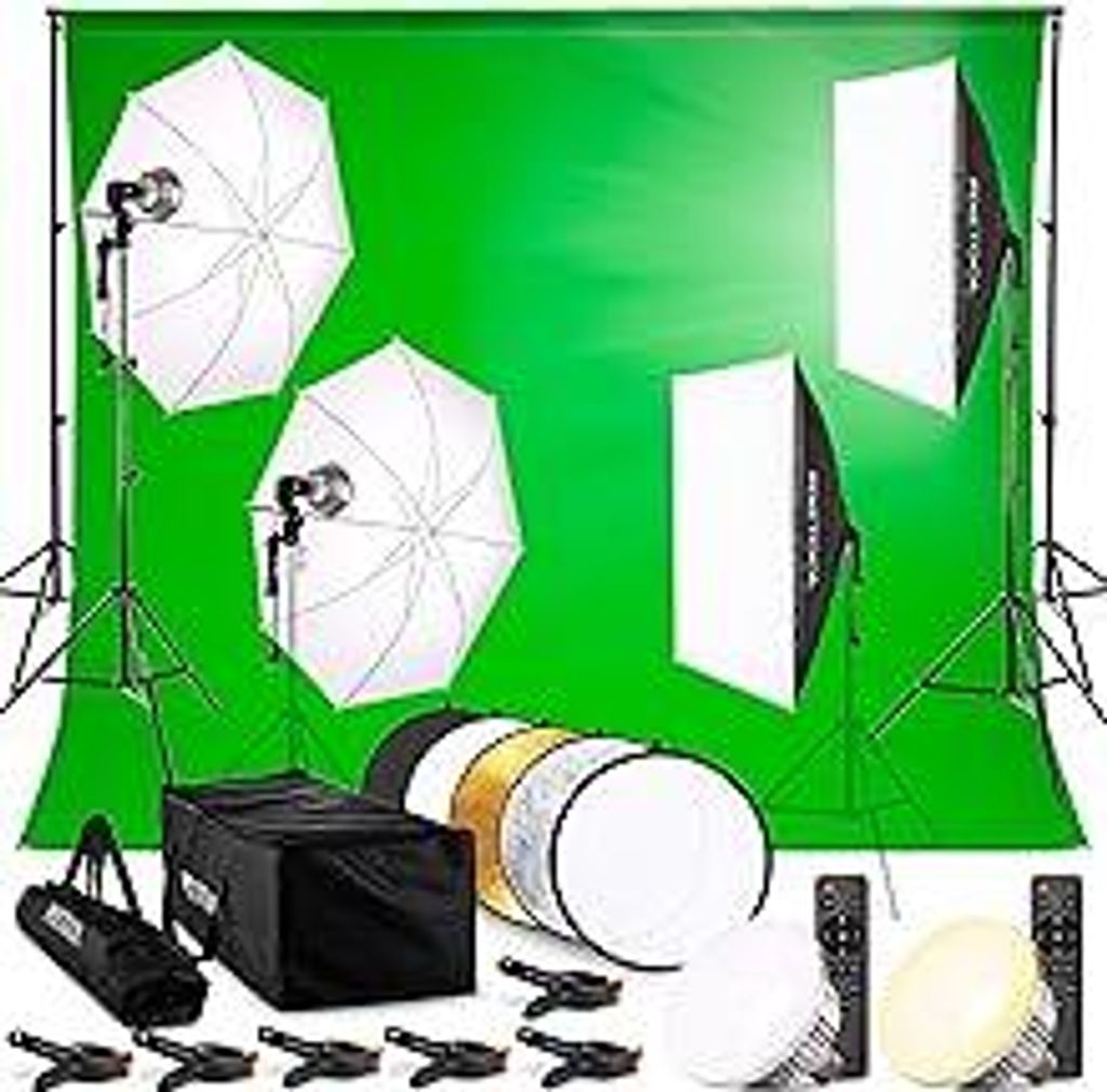 Fotostudio Set - Greenscreen (3 x 3 m) mit Ständer (3 x 2,6 m) - Softbox mit Lampen Set - Green Screen Fotohintergrund - Reflektor - Studiolicht F...