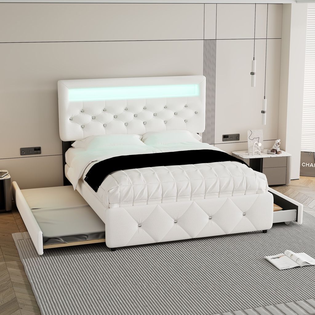 MODFU Polsterbett Funktionelles 140x200 cm mit Ausziehbarem bett 90x190cm , Doppelbett Stauraumbett mit LED-Beleuchtung und 2 Schubladen, Leinensto...