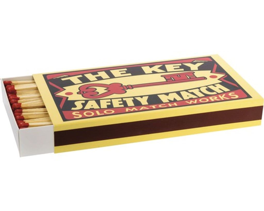 A box of matches with the lid partially pulled out, showing the matches inside.
